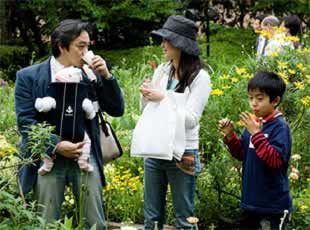 Families stroll a local park on Greenery Day.
