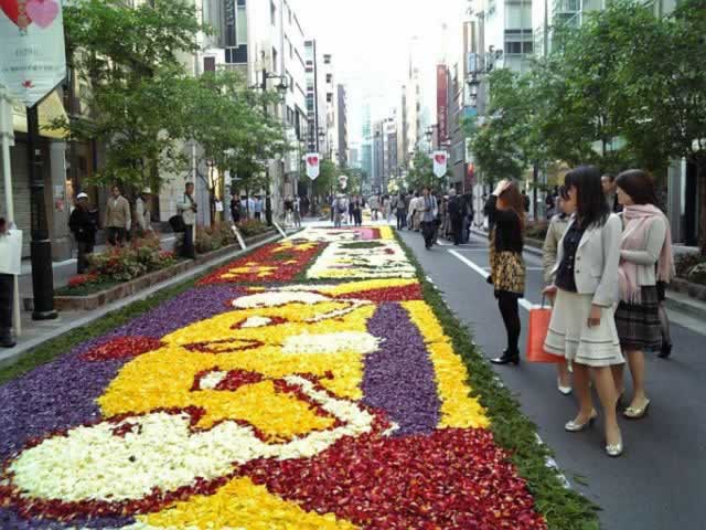 Showa Day flower mural on Miyuki-Dori street in Ginza, Tokyo