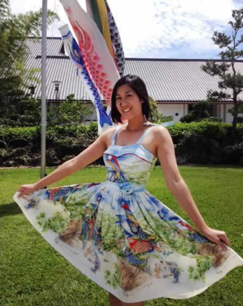 Wendy, from our education department, shows off her Koinobori dress on Children's Day 2012