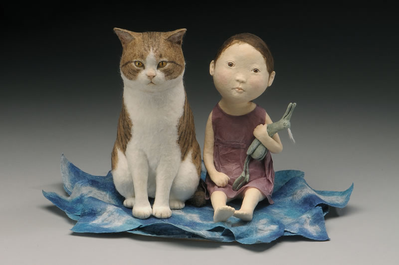 Floating Cat, 2011 Washi Paper and wire 5.5” x 8” x 6” at Morikami Museum & Japanese Gardens