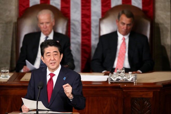Prime Minister of Japan, Shinzo Abe, speaks to a joint session of the U.S. Congress. Photo courtesy Wall Street Journal.